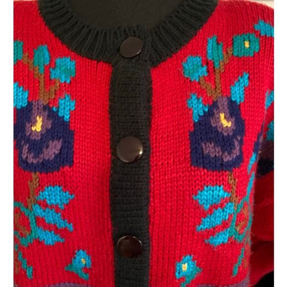 Vintage Duet Cardigan made in Hong Kong Chunky Red and Black with Floral 60/70s - Picture 3 of 5